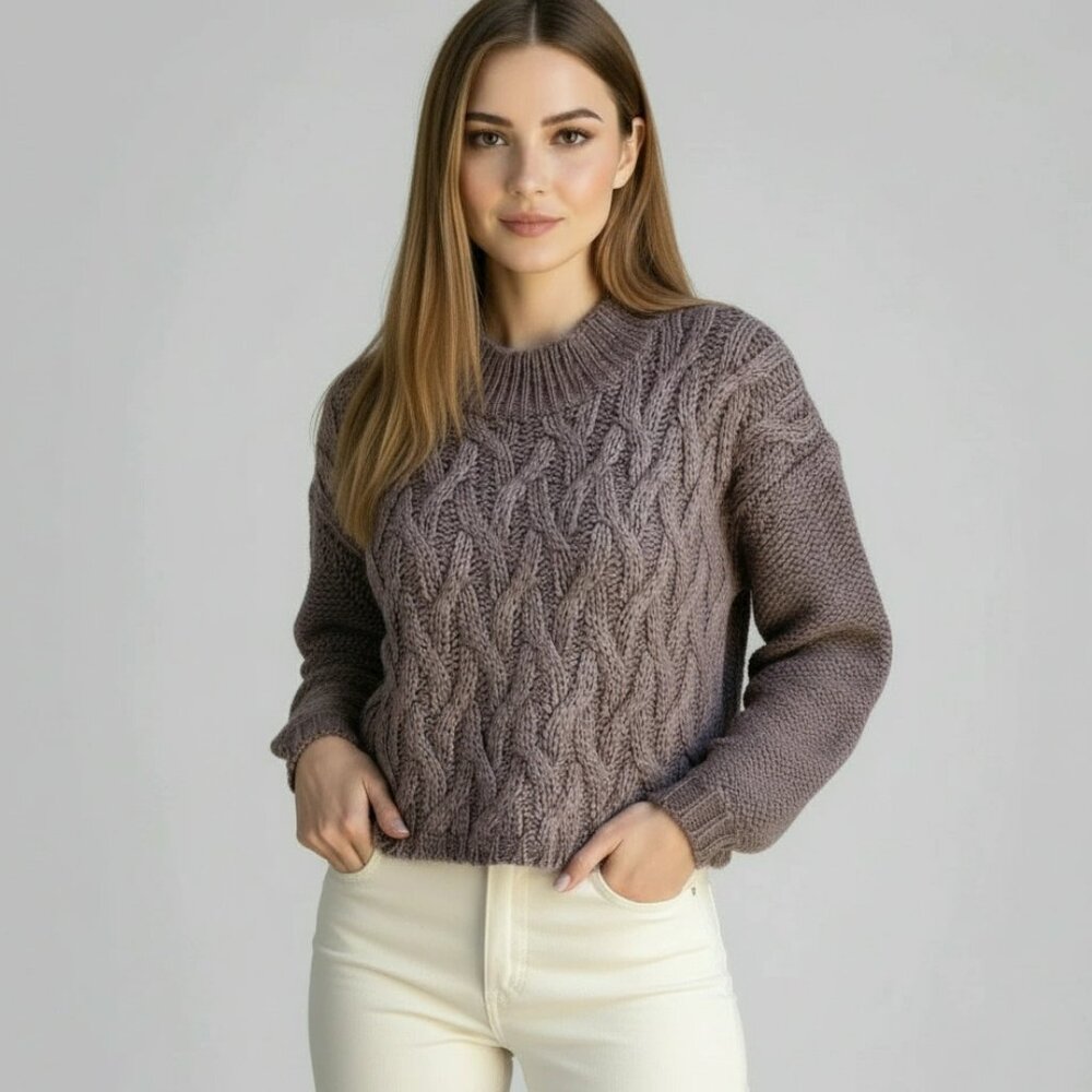 Tibi Cropped Cable Knit Sweater Women’s Medium Mock Neck Mixed Wool Blend Brown